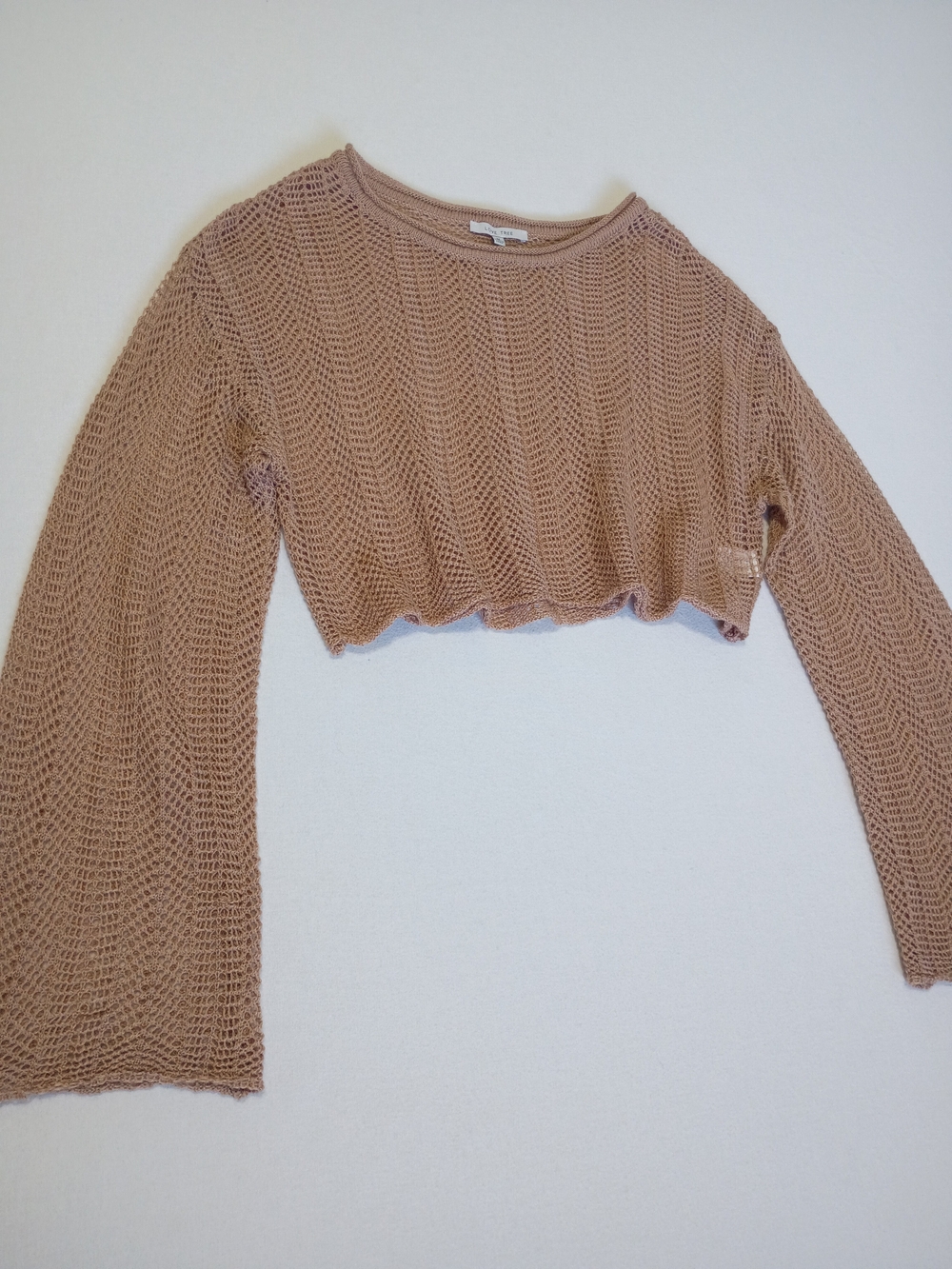 Love Tree Tan Open Weave Crop Sweater Size M Boho Festival Bell Sleeve Fall